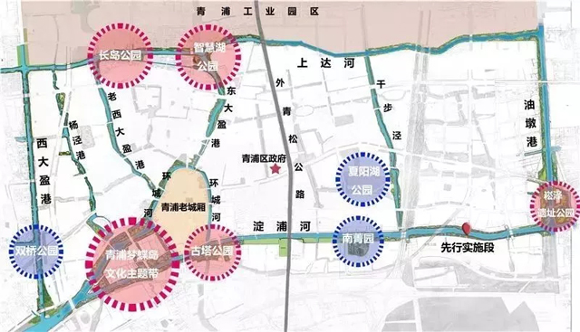 环城水系公园由淀浦河,油墩港,上达河和西大盈港等四条共约21公里的